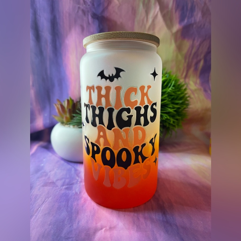 Thick thighs 16oz Glass Tumbler with straw and wooden lid